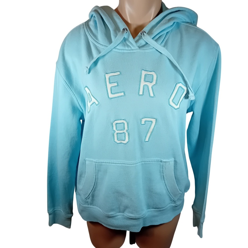 Y2K Aeropostale Hoodie Aqua‎ 87 Embroidered Graphic Varsity Pullover Sporty L